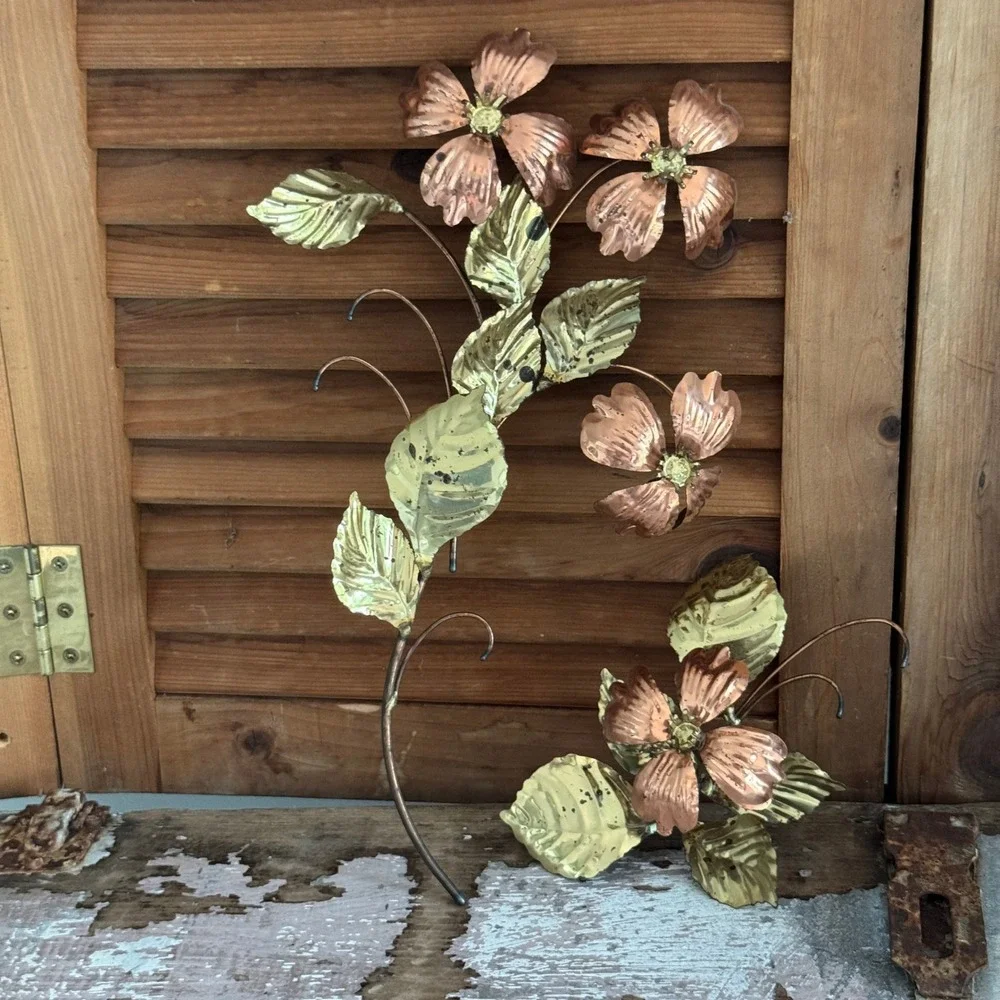 Vintage Mixed Metal Copper Brass Floral Wall Art Set Dogwood Flowers MCM 2pc